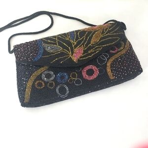 Lord and Taylor beaded evening bag floral black crossbody clutch